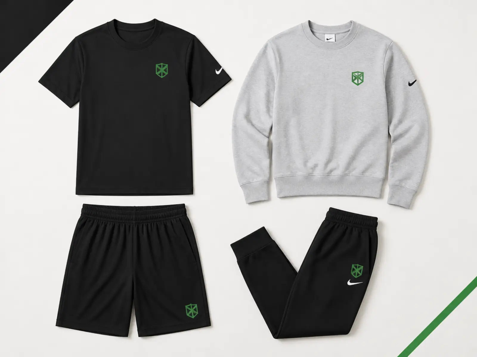 Podium Crew Package Brand Name level: Nike tee, performance shorts, Nike crewneck, and Nike joggers with sample green team decoration