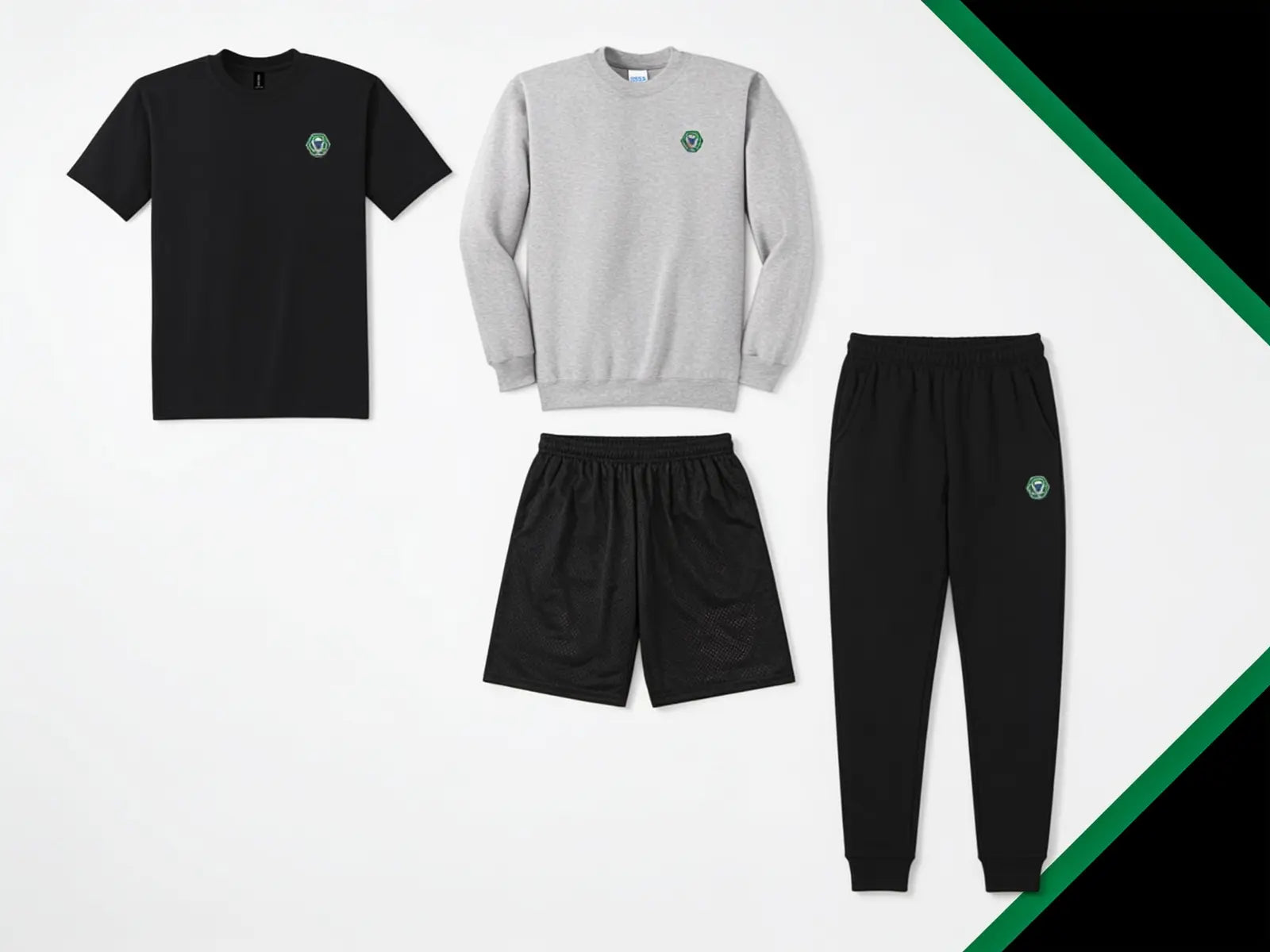 Podium Crew Package sample garment layout with sample green team decoration