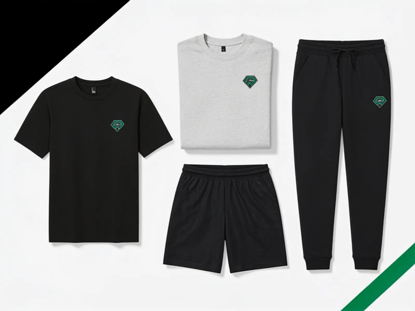 Podium Crew Package Preferred level: performance tee, training shorts, crewneck, and joggers with sample green team decoration