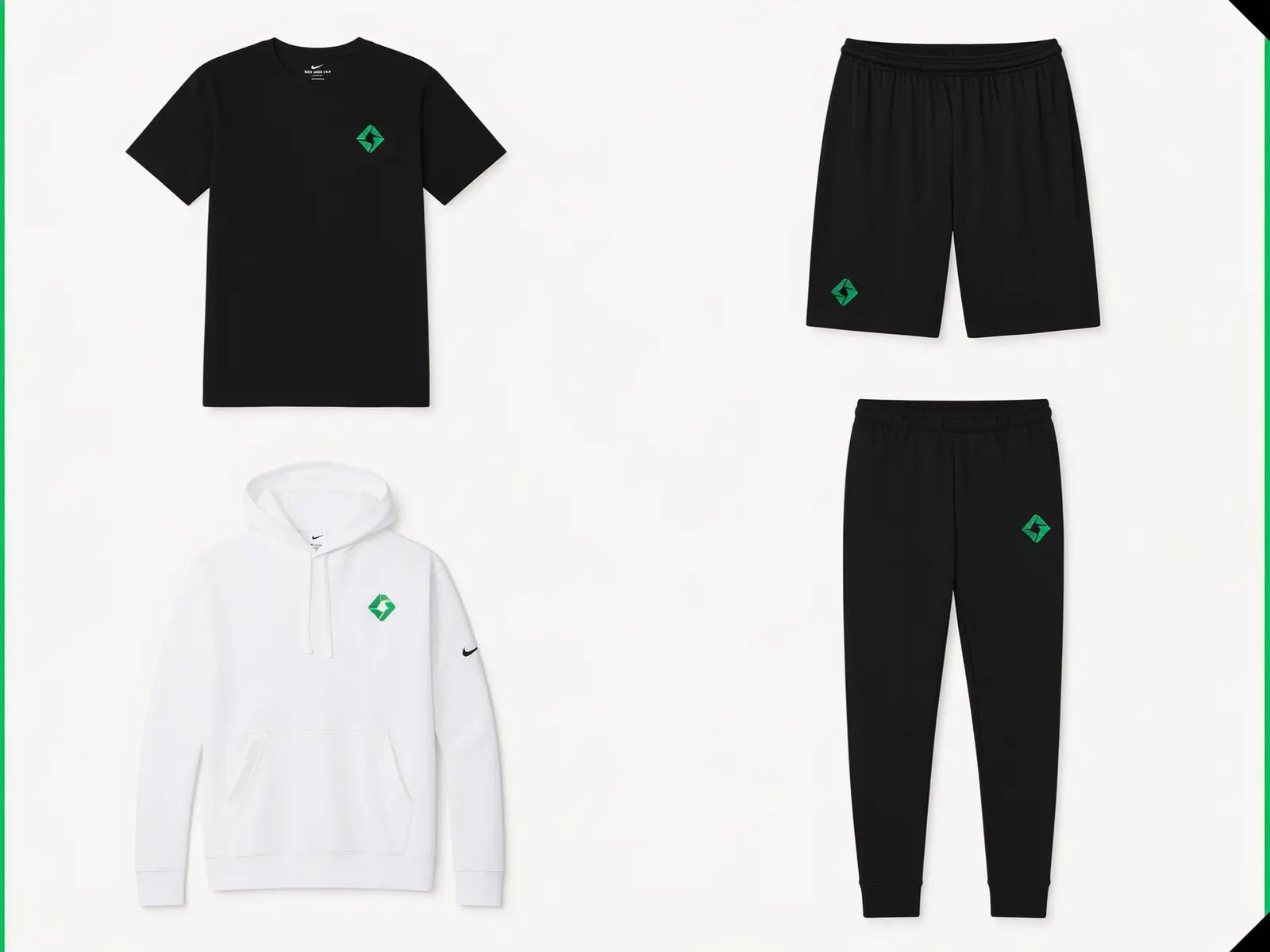 Podium Hoodie Package Brand Name level: Nike tee, performance shorts, Nike hoodie, and Nike joggers with sample green team decoration
