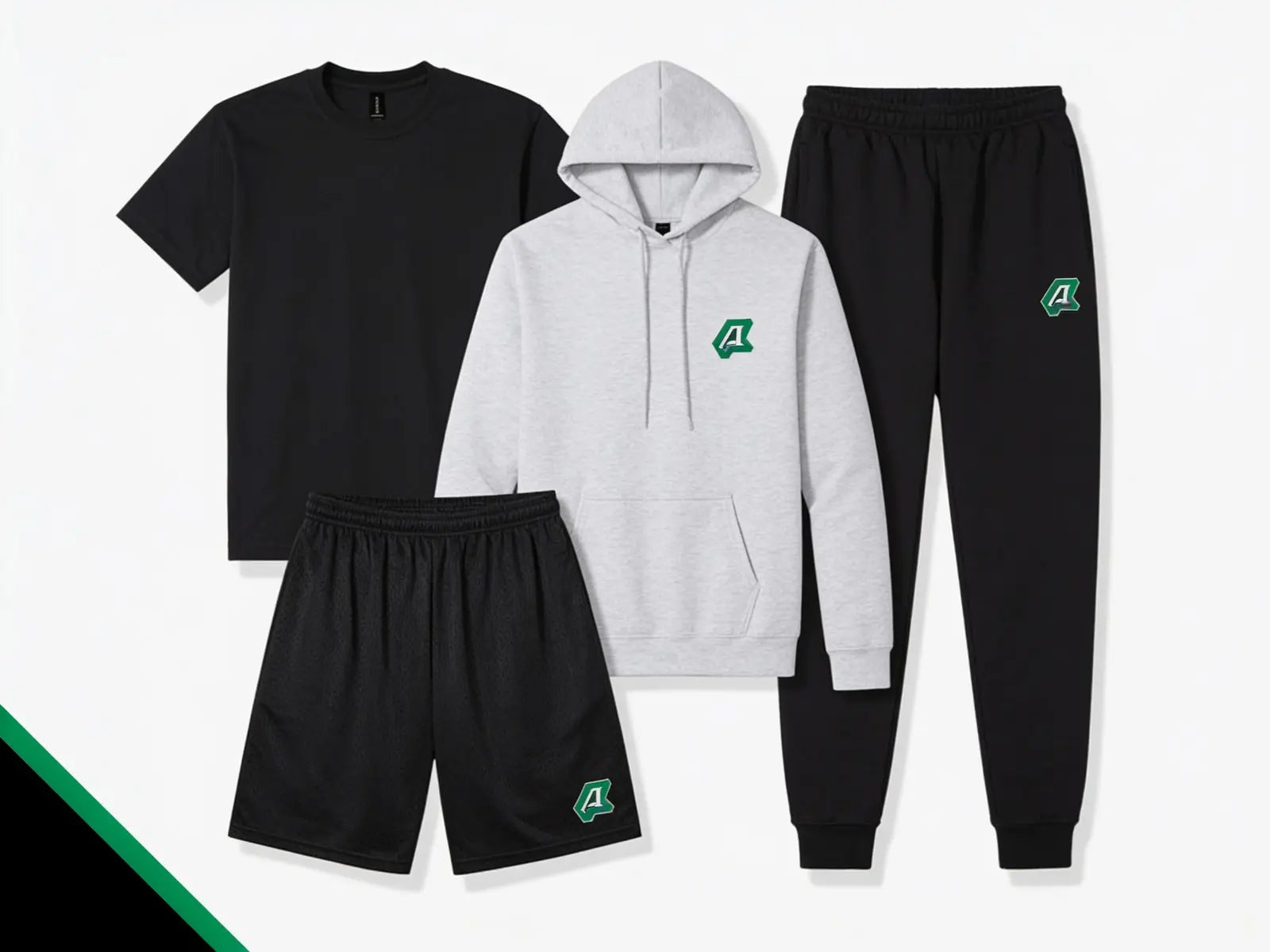 Podium Hoodie Package sample garment layout with sample green team decoration
