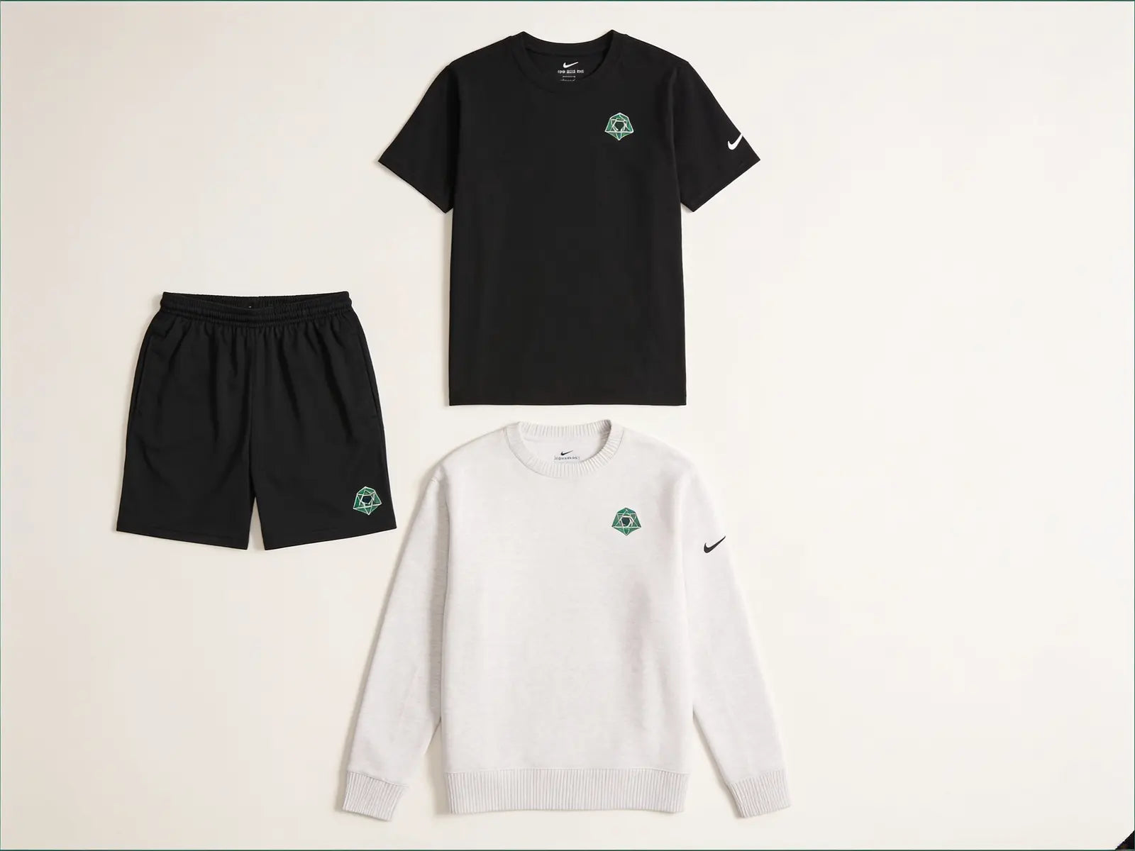 Varsity Crew Package Brand Name level: Nike tee, performance shorts, and Nike crewneck with sample green team decoration