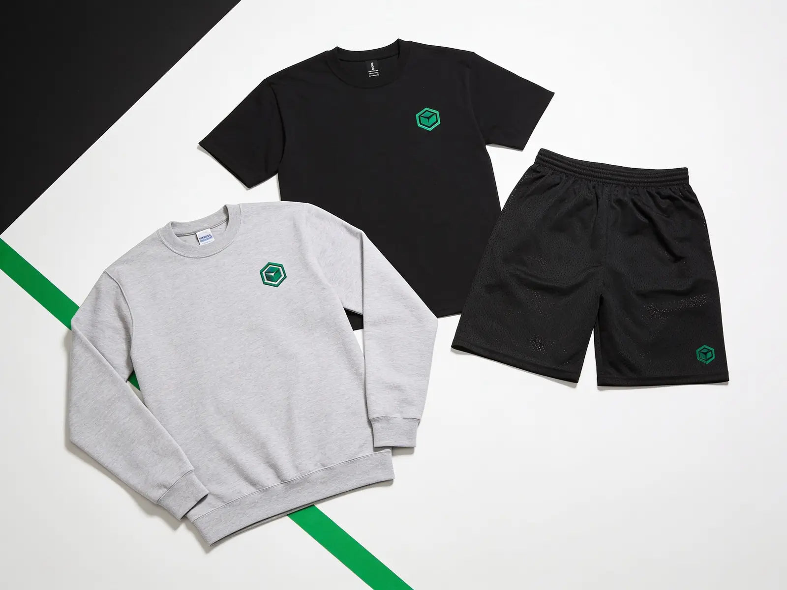 Varsity Crew Package sample garment layout with sample green team decoration