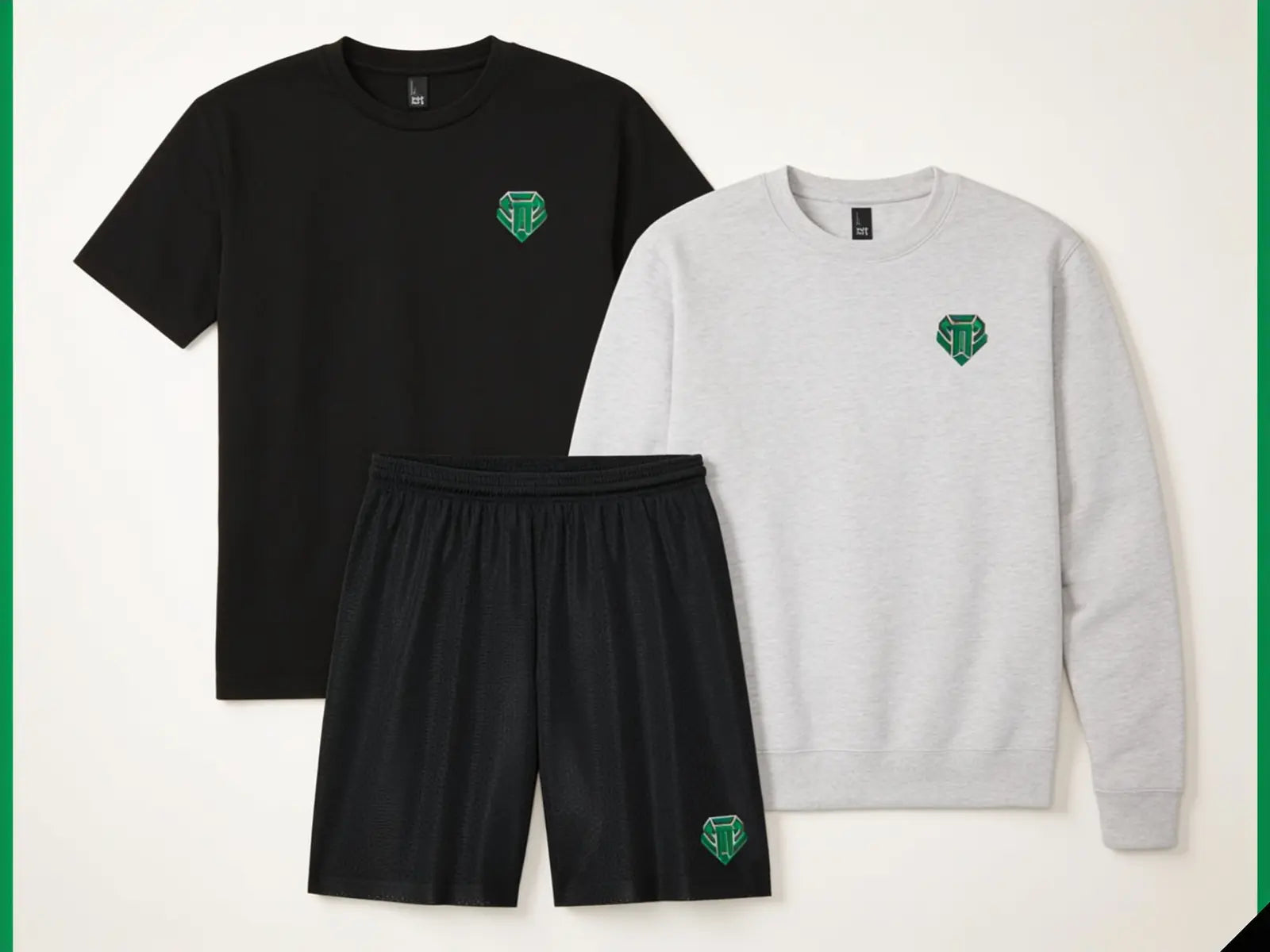 Varsity Crew Package Preferred level: performance tee, training shorts, and crewneck with sample green team decoration