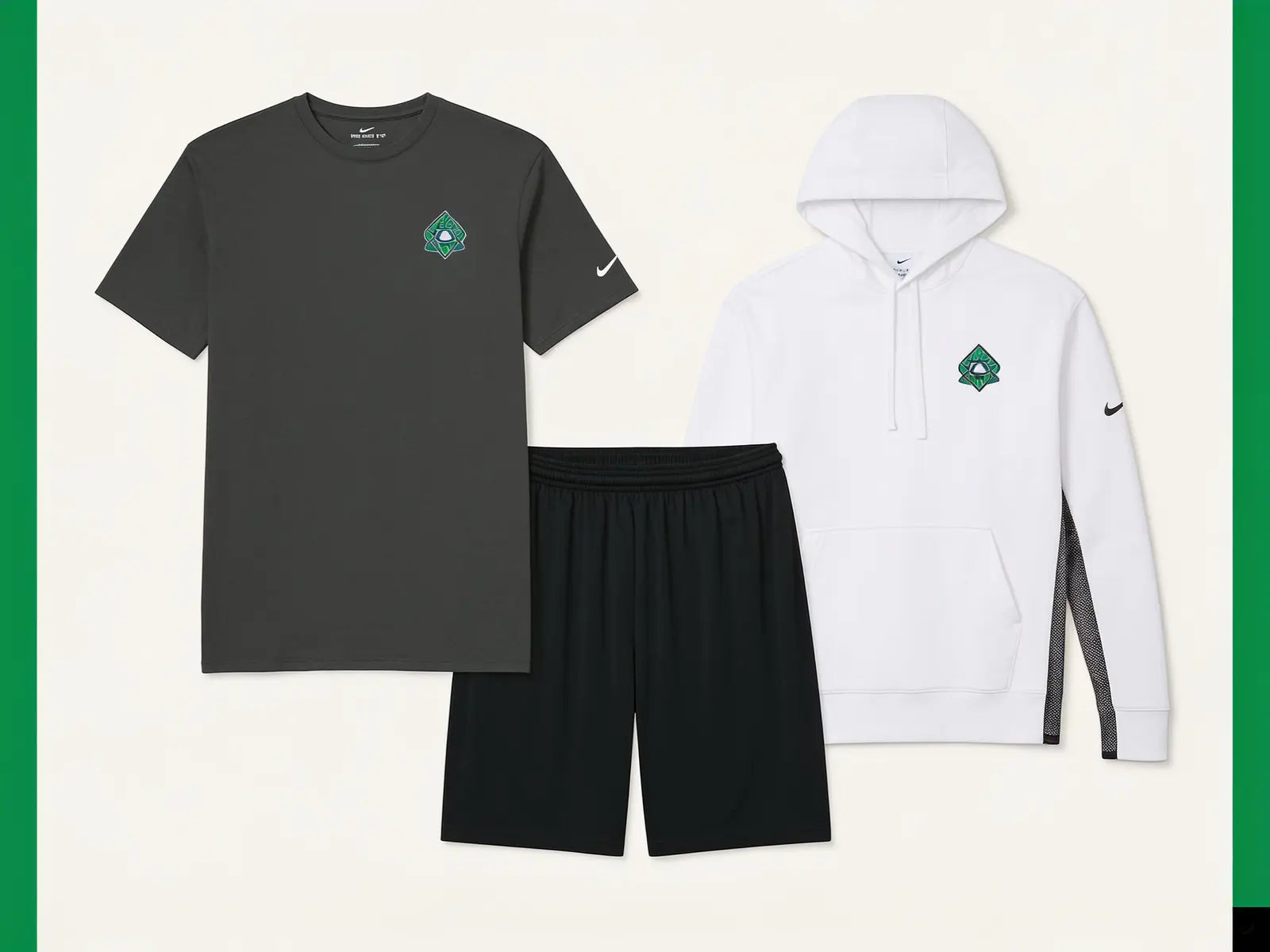 Varsity Hoodie Package Brand Name level: Nike tee, performance shorts, and Nike hoodie with sample green team decoration