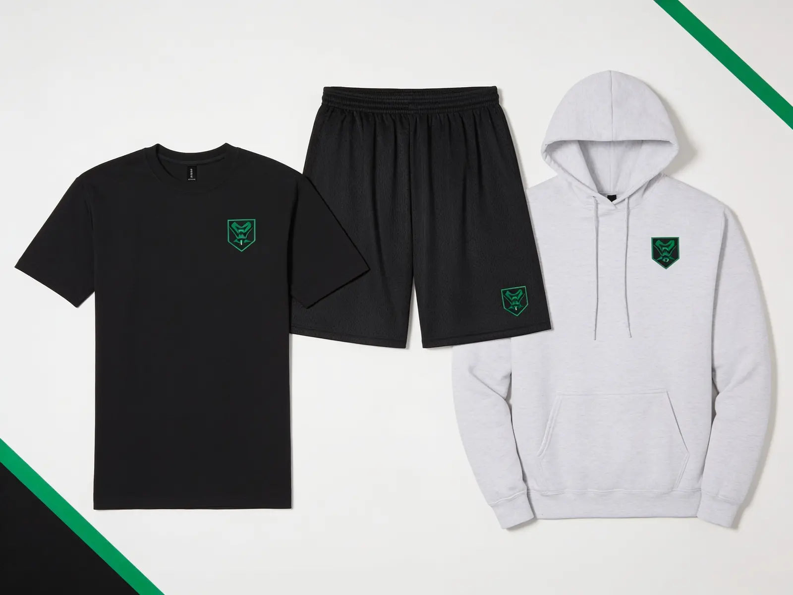 Varsity Hoodie Package sample garment layout with sample green team decoration