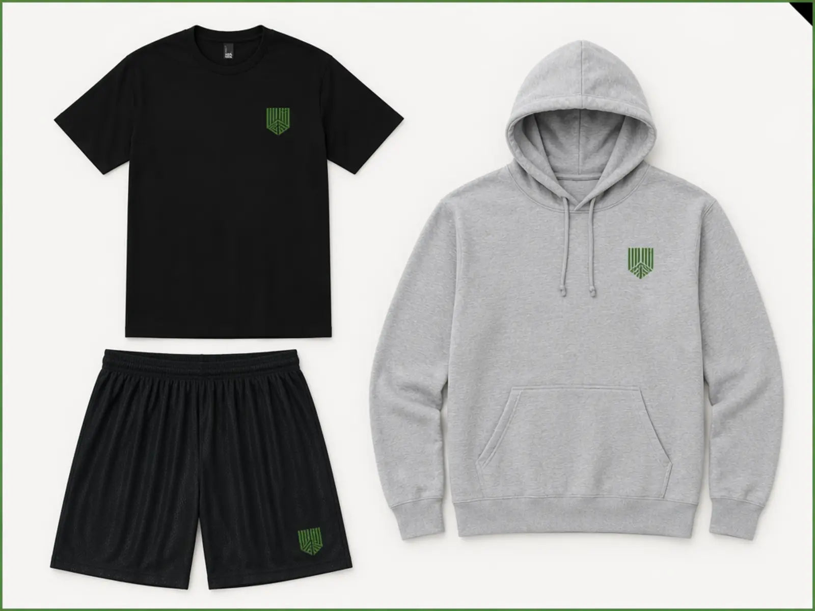 Varsity Hoodie Package Preferred level: performance tee, training shorts, and hoodie with sample green team decoration
